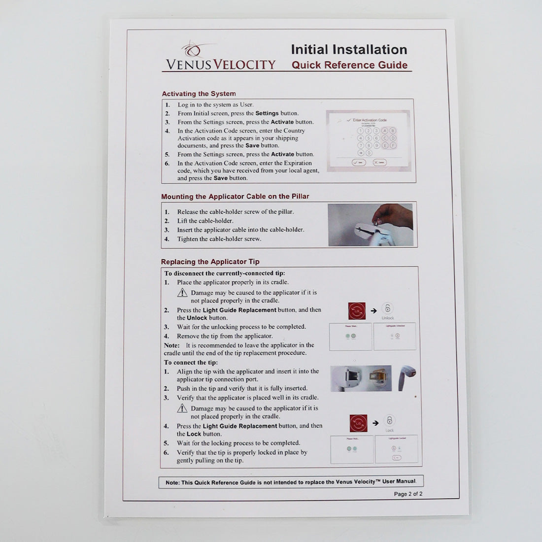 VenusConcept Venus Velocity Initial Installation Quick Reference Guide