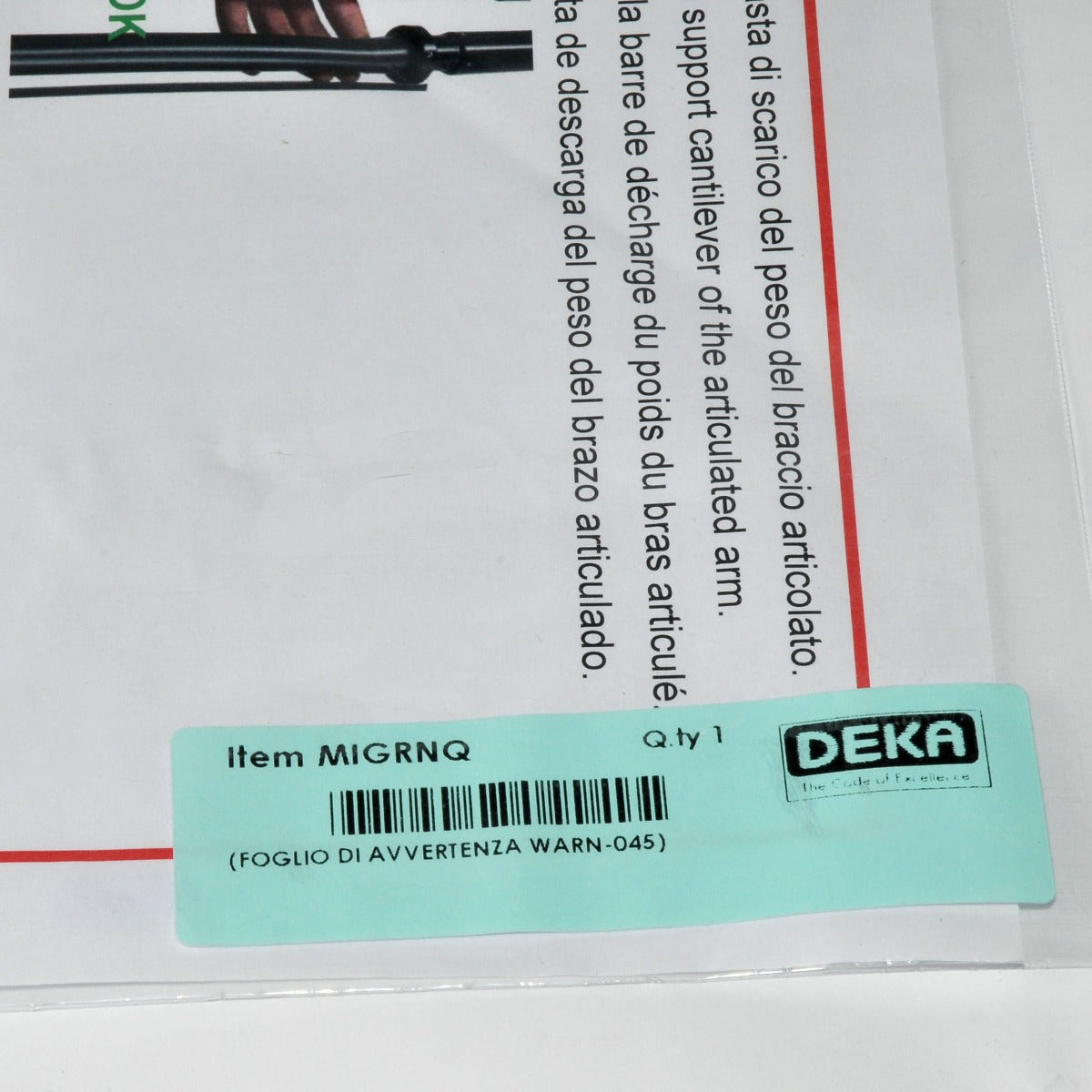 DEKA Laser Warning Sheet MIGRNQ WARN-045 Cantilever Articulated Arm