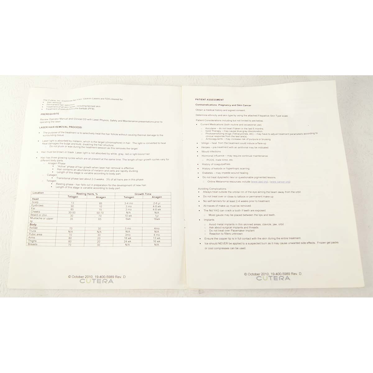 Cutera Coolglide Hair Removal Treatment Guidelines October 2010 19-400-5989 RevD