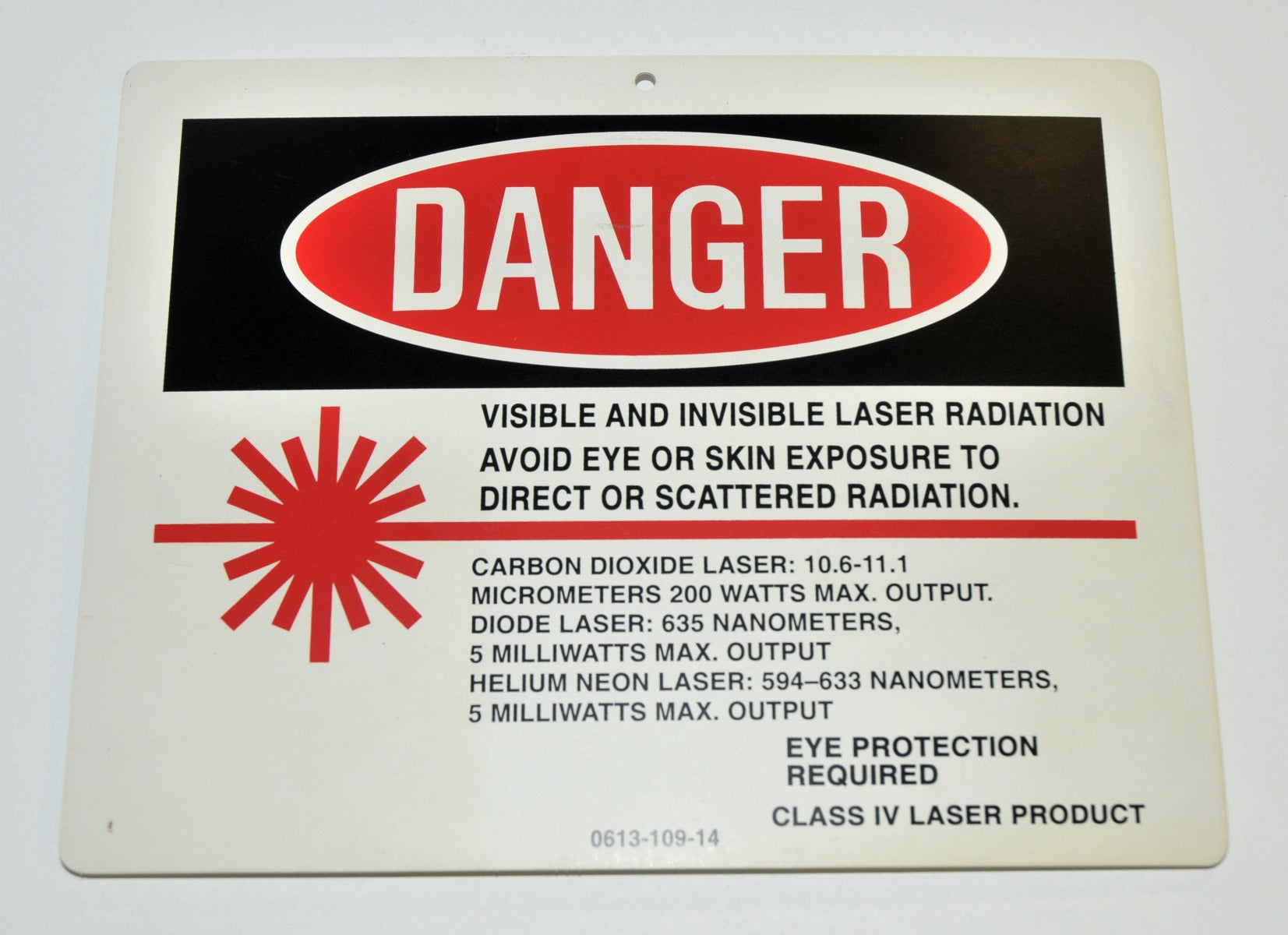 DANGER LASER RADIATION SIGN Class 4 Carbon Dioxide Diode Helium Neon Treatment