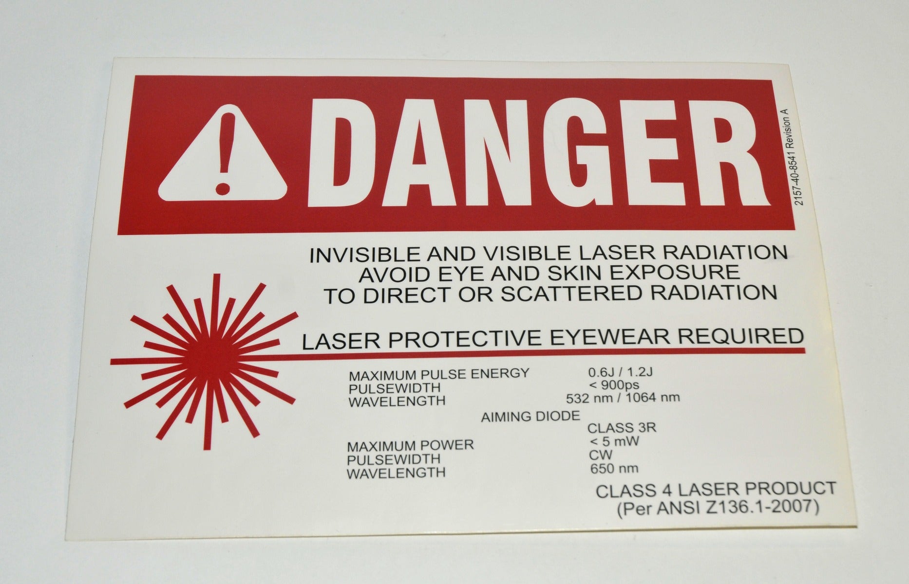 Coherent DANGER Laser Light SIGN Class IV 4 532 650 1064 nm Eyewear Required