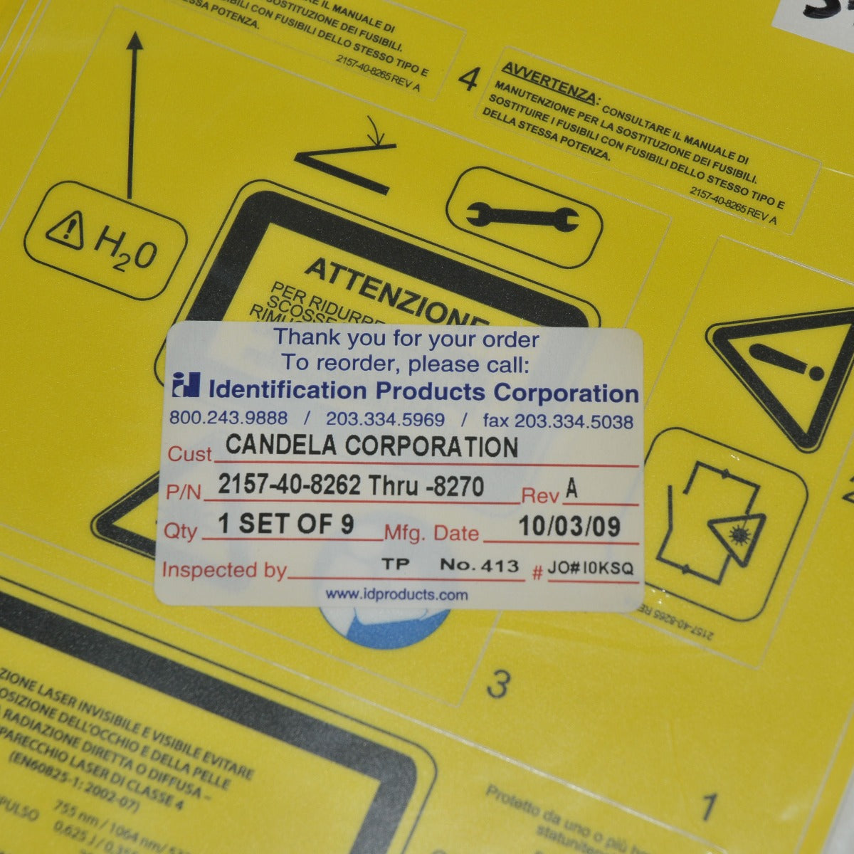 Candela Laser Label Sheet Assembly AlexTrivantage Multiple Language 2157-40-8262