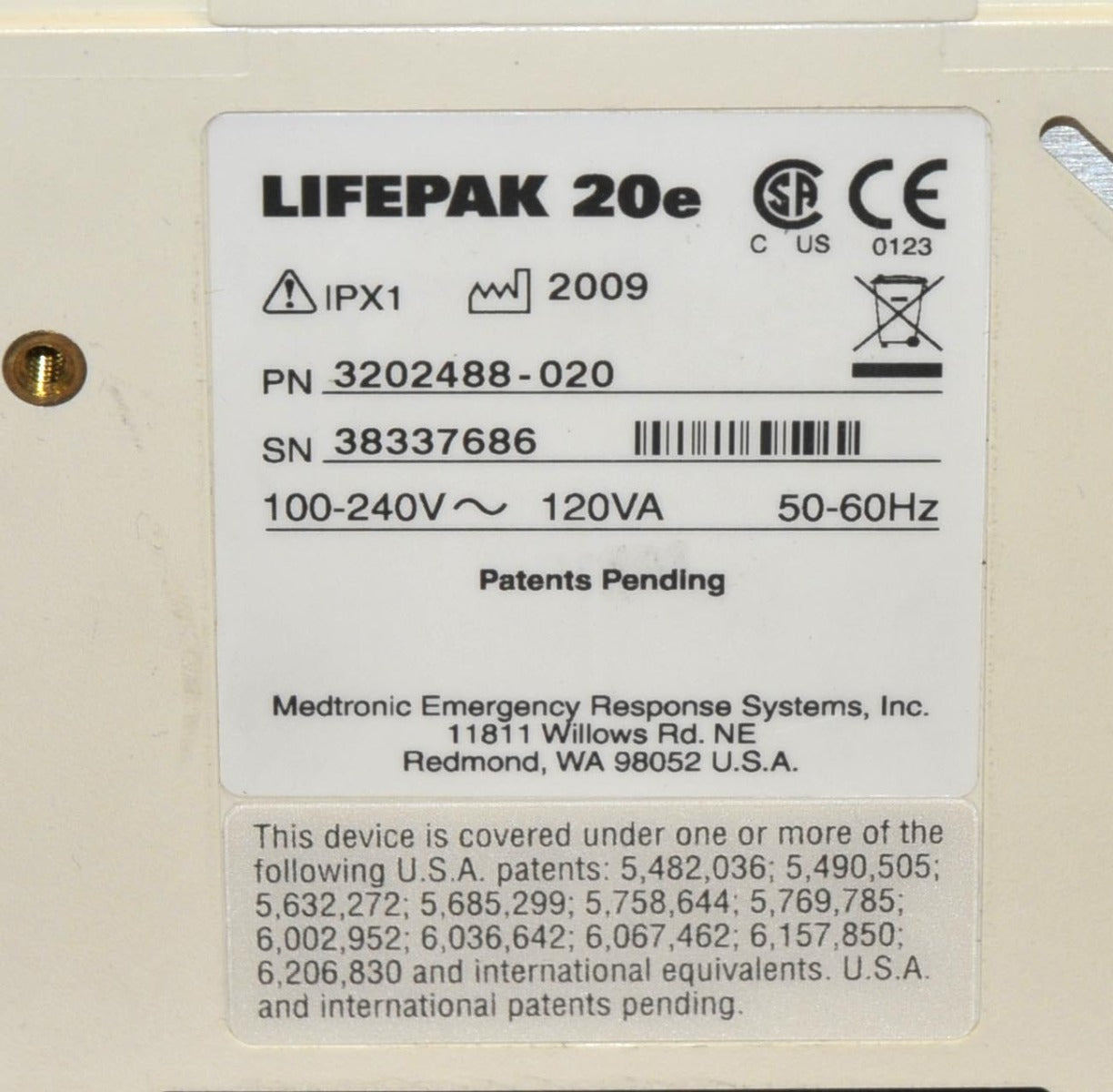 Medtronic LIFEPAK 20e Defibrillator Monitor Portable APEX Sternum Paddle Printer