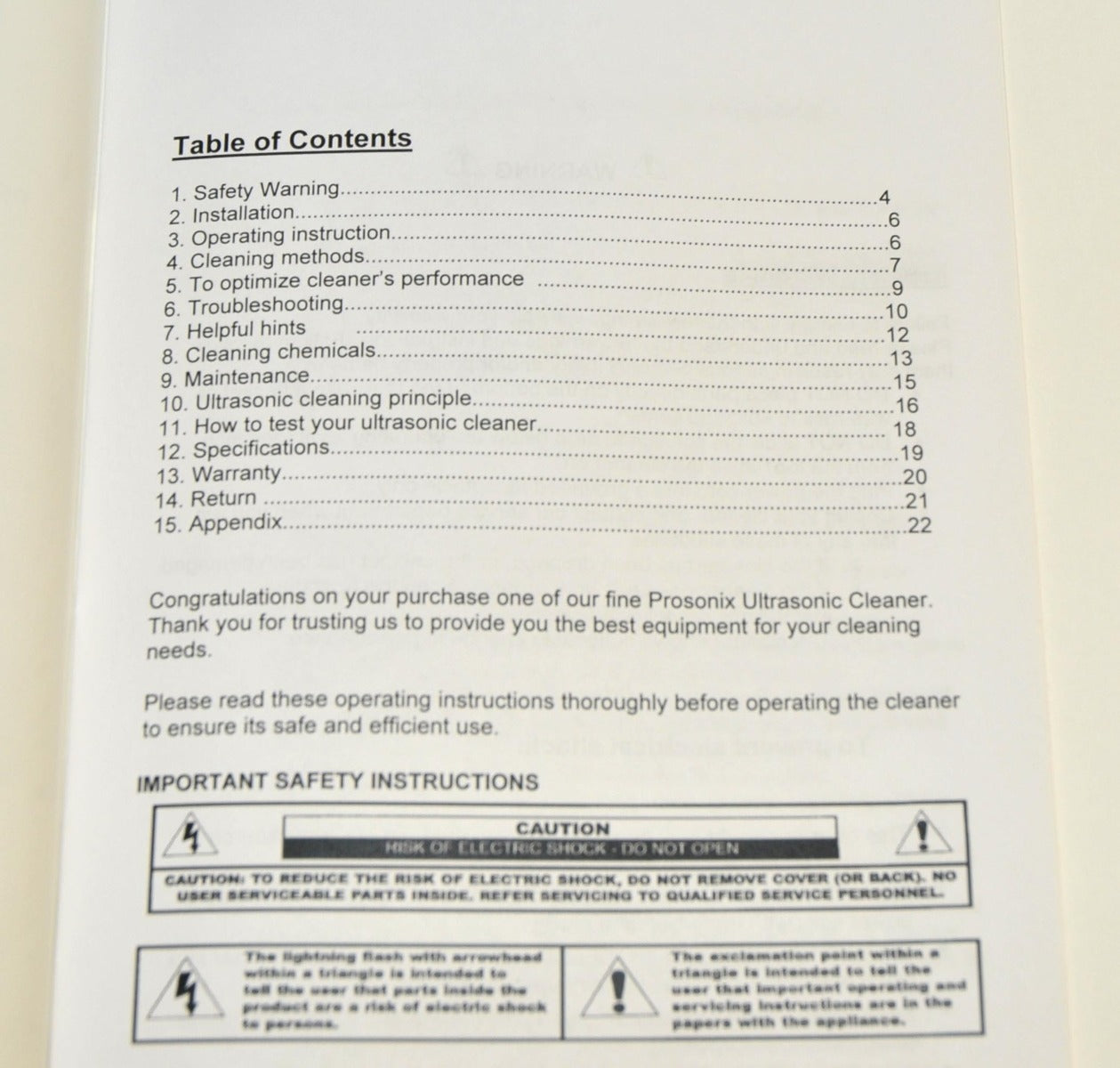 PROSONIX PSU Series ULTRASONIC CLEANER Operating Instruction User Operator Guide