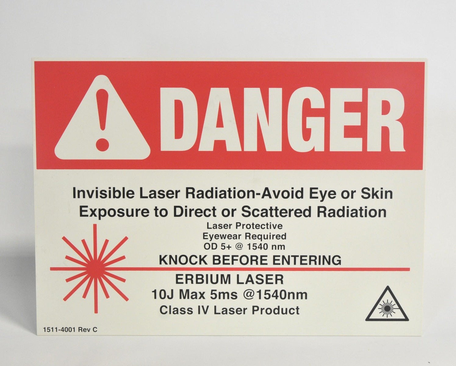 Sandstone DANGER Invisible LASER RADIATION SIGN Class 4 Erbium 1540 nm Plastic