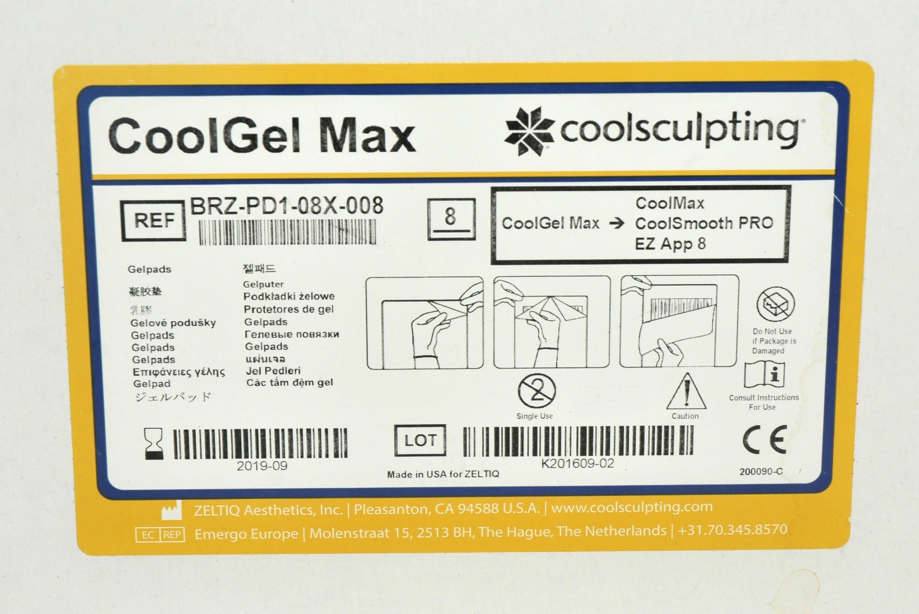 ZELTIQ CoolSculpting CoolGel Max CoolSmooth PRO BRZ-PD1-08X-008 Cool Exp19 x8Pcs
