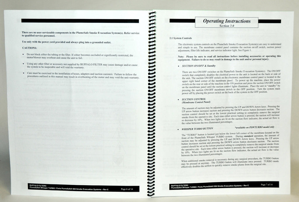 Buffalo Filter Operator Manual Porta PlumeSafe 604 Whisper Smoke Evacuation