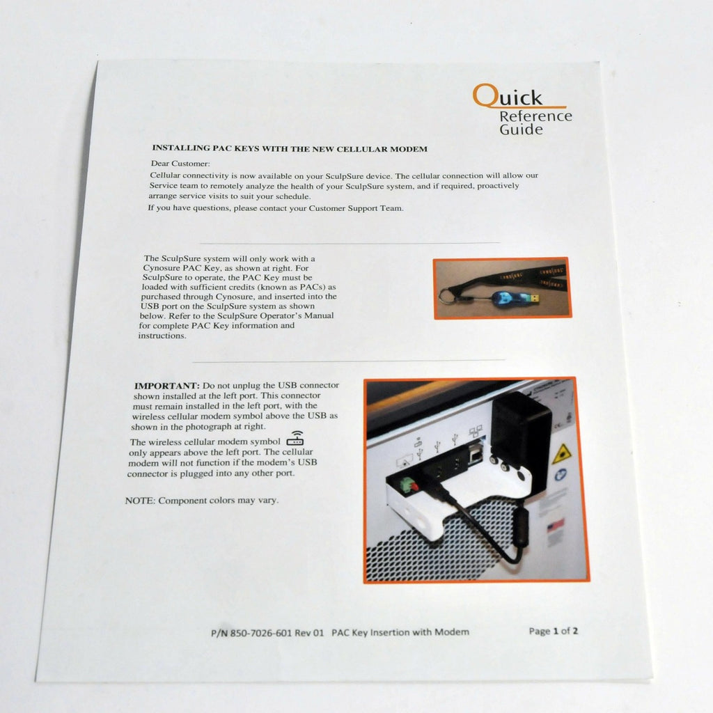 Cynosure SculpSure Quick Reference Guide PAC Key Insertion Cellular Modem USB