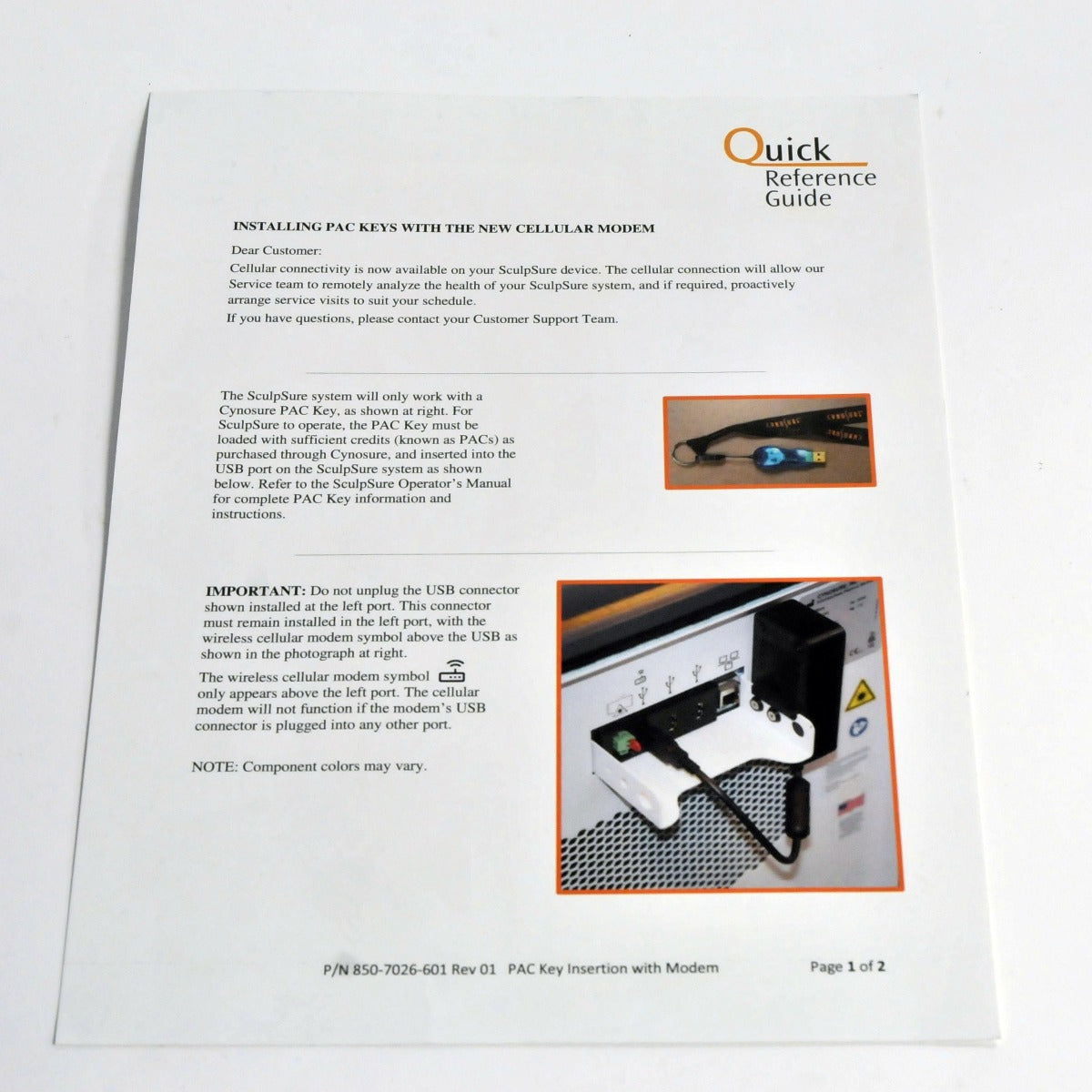 Cynosure SculpSure Quick Reference Guide PAC Key Insertion Cellular Modem USB