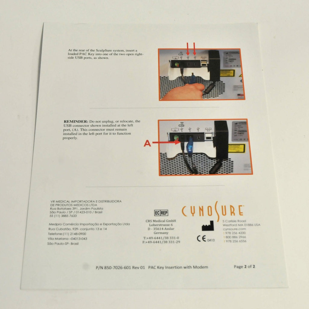 Cynosure SculpSure Quick Reference Guide PAC Key Insertion Cellular Modem USB
