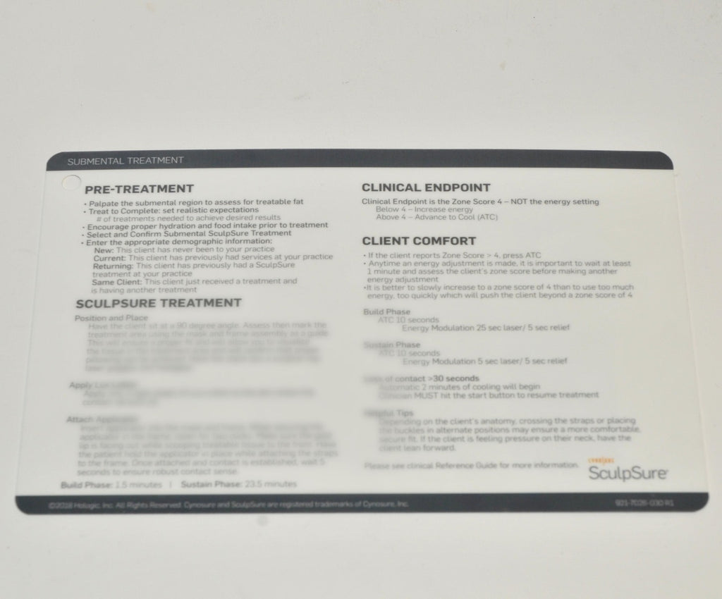Cynosure SculpSure Laser Submental Treatment Zone Score Adjustment Chart Guide