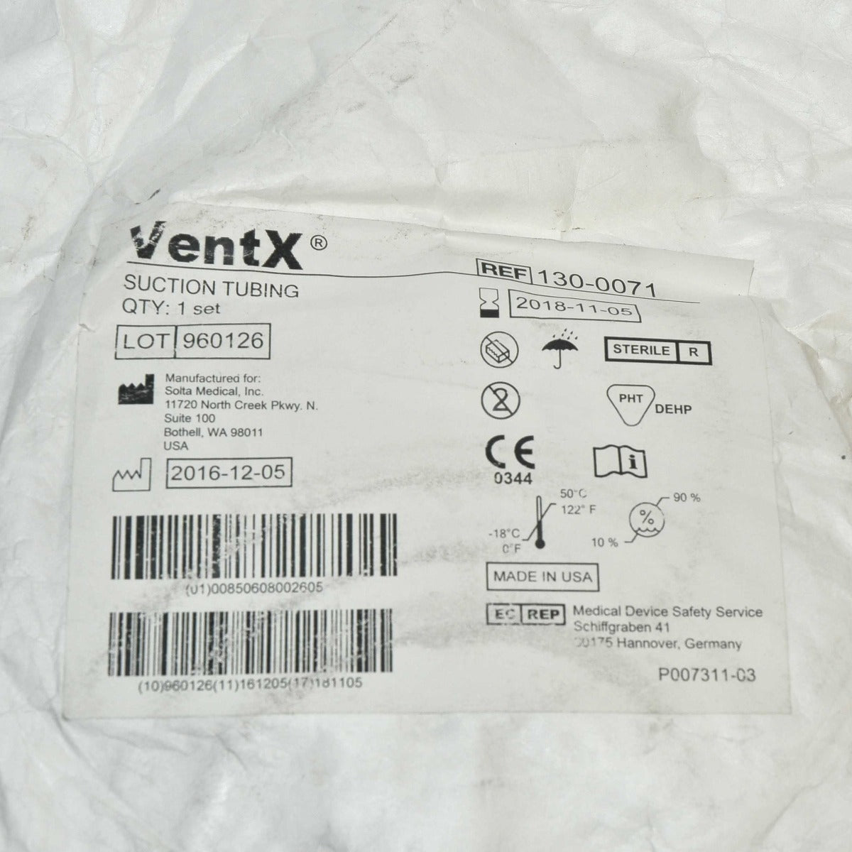 Vaser Ventx Suction Connection Aspiration Tubing 3/8"x10' 130 0071 Exp: 11/2018