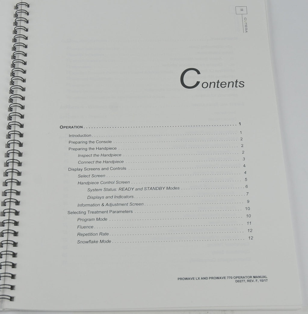 Cutera ProWave LX 770 Operator Manual User Guide Pro Wave Handpiece Reference