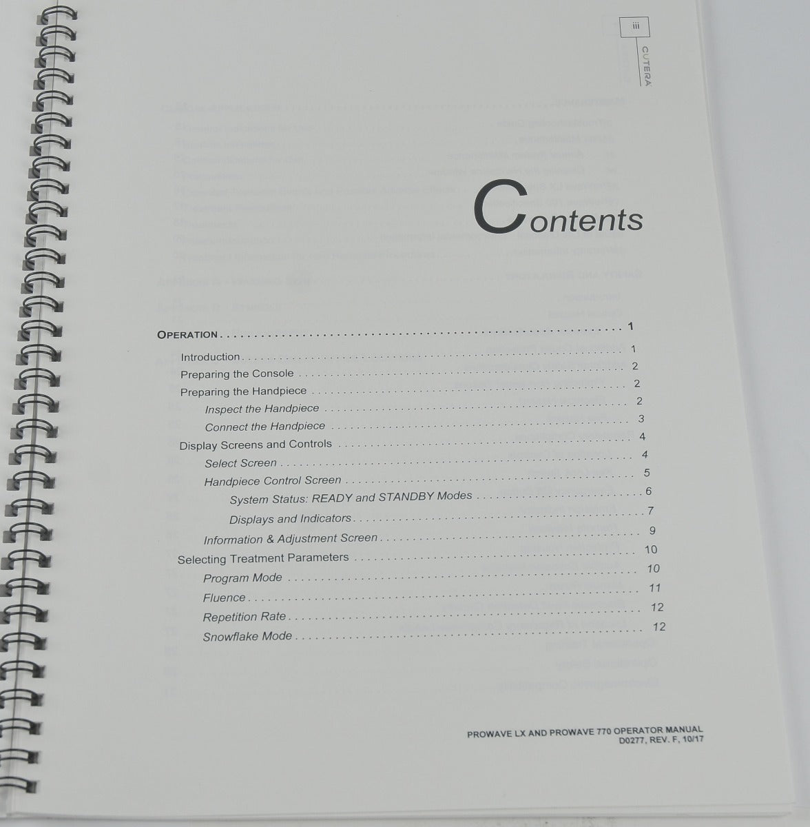 Cutera ProWave LX 770 Operator Manual User Guide Pro Wave Handpiece Reference