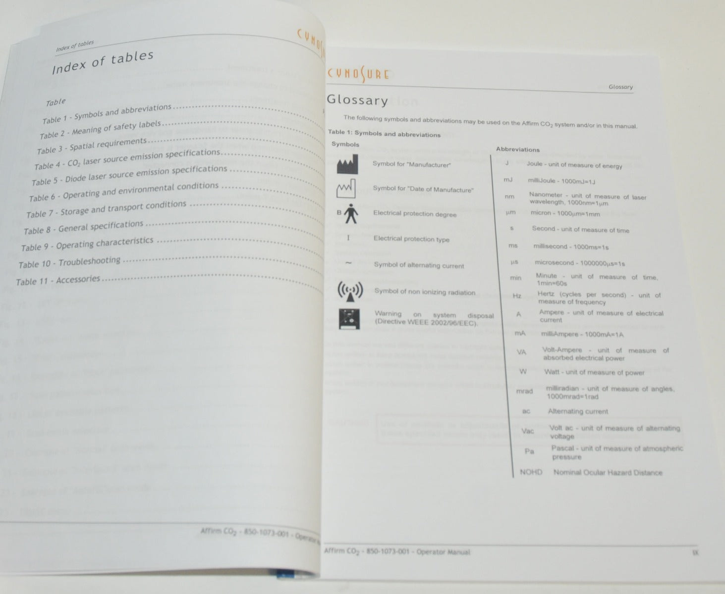 Cynosure Palomar Affirm CO2 Laser Operator's User Manual 850-1073-001 Guide C02