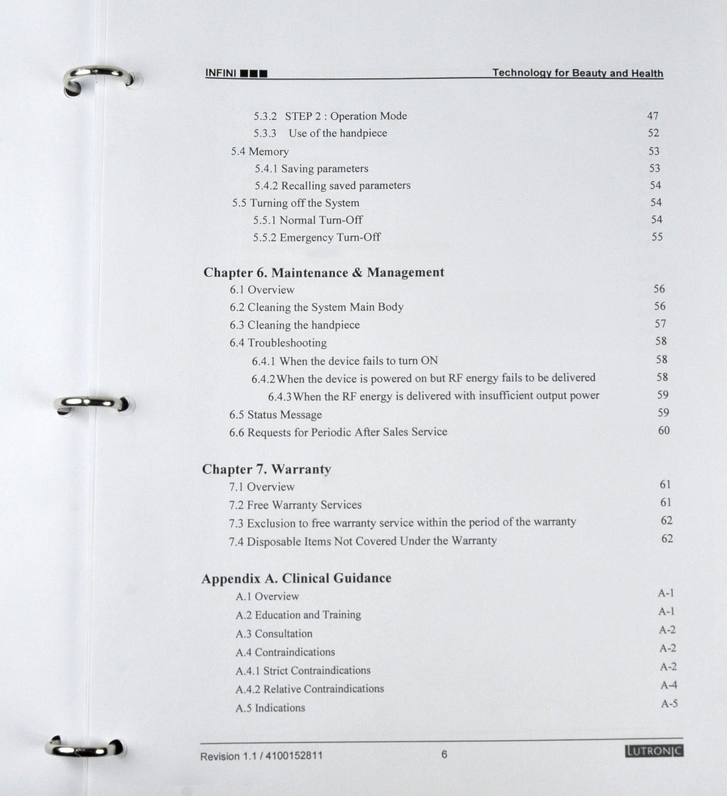 Lutronic Infini RadioFrequency RF Operators Manual User Clinic Handbook Guide