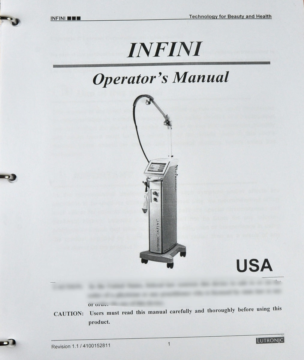 Lutronic Infini RadioFrequency RF Operators Manual User Clinic Handbook Guide