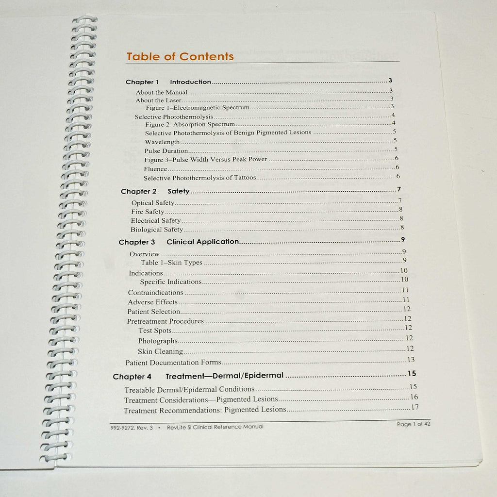 Cynosure RevLite SI Nd YAG Laser Clinical Manual Parameter Preset Guide 992-9272