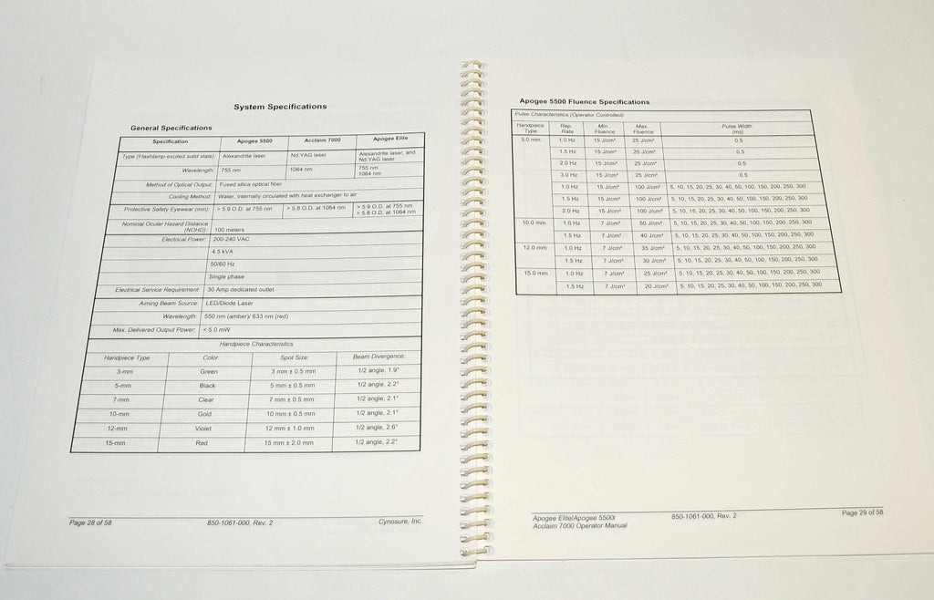 Cynosure Apogee Elite 5500 Acclaim 7000 Laser Operator User Manual 850-1061-000