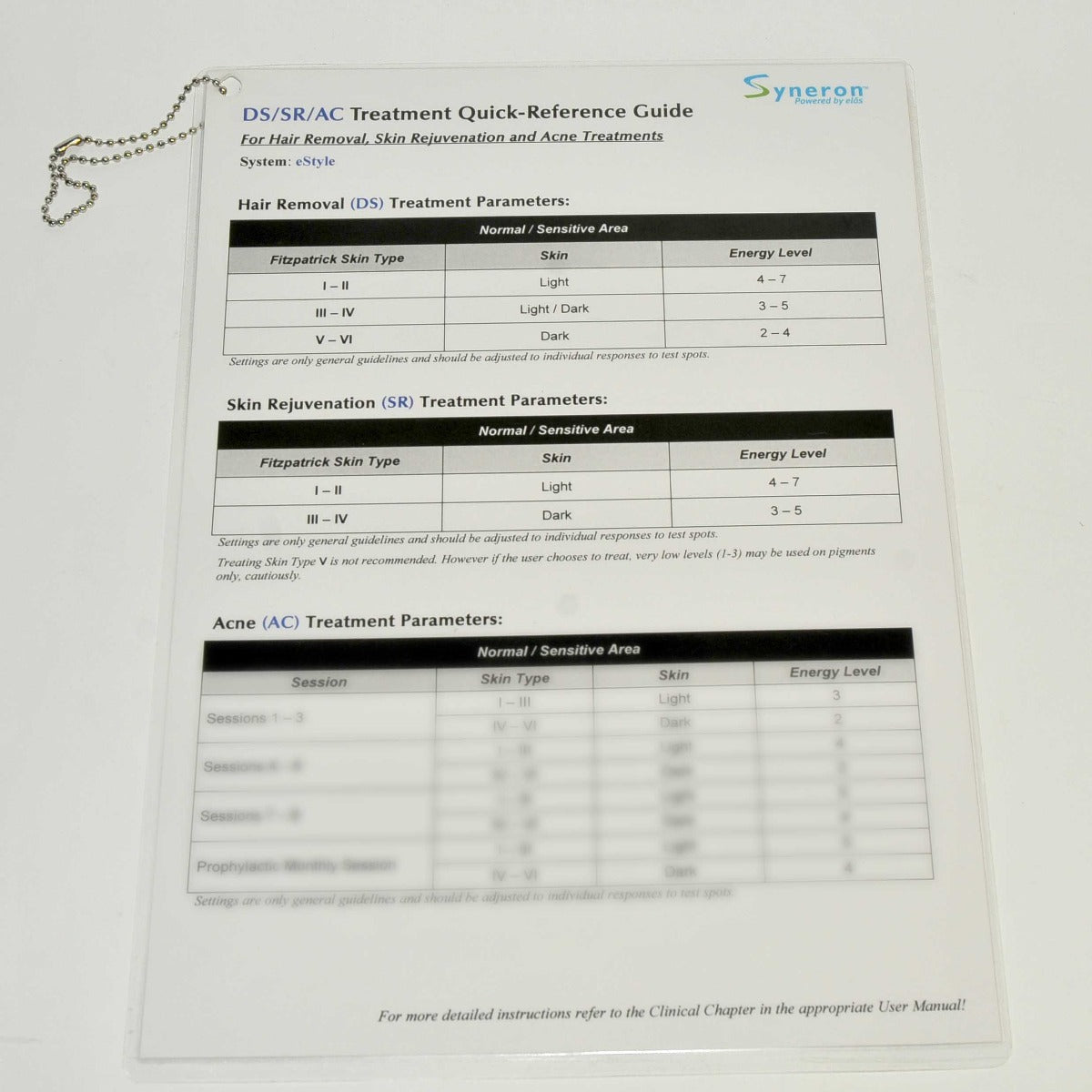 Syneron elos DS SR AC Hair Removal HR Skin Acne Treatment Quick Reference Guide