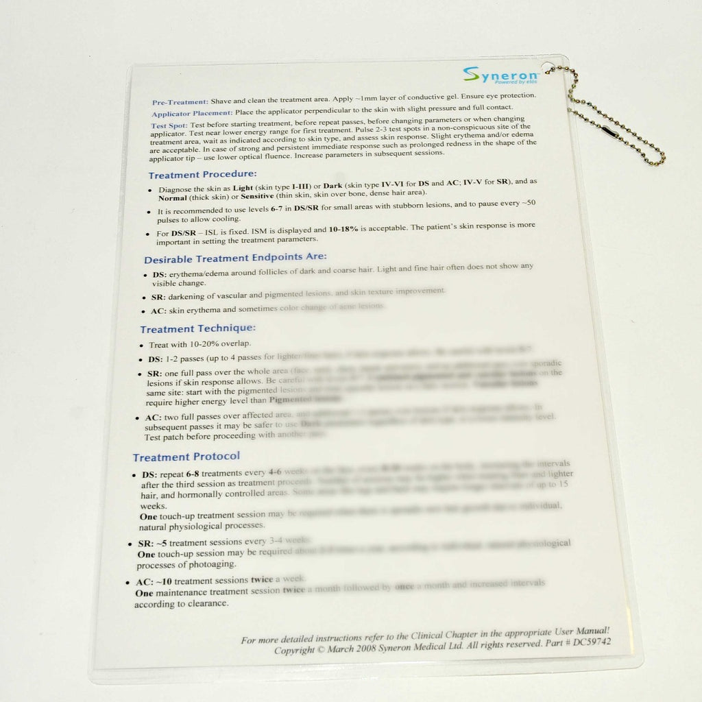 Syneron elos DS SR AC Hair Removal HR Skin Acne Treatment Quick Reference Guide