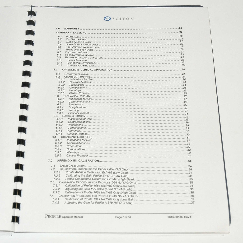 Sciton Profile Laser Operator Manual User Instructional Training Guide Booklet