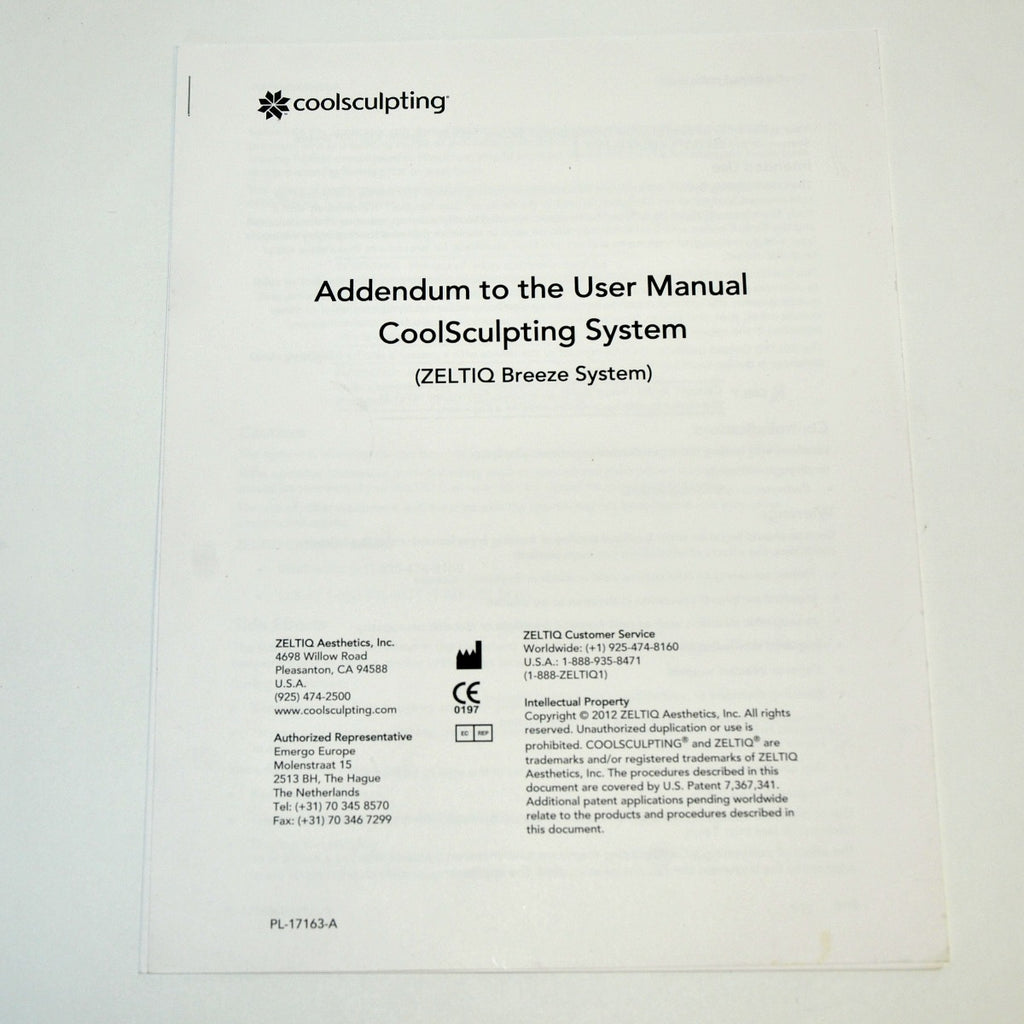 Zeltiq CoolSculpting Addendum User Manual Breeze System PL-17163-A Cool Sculpt