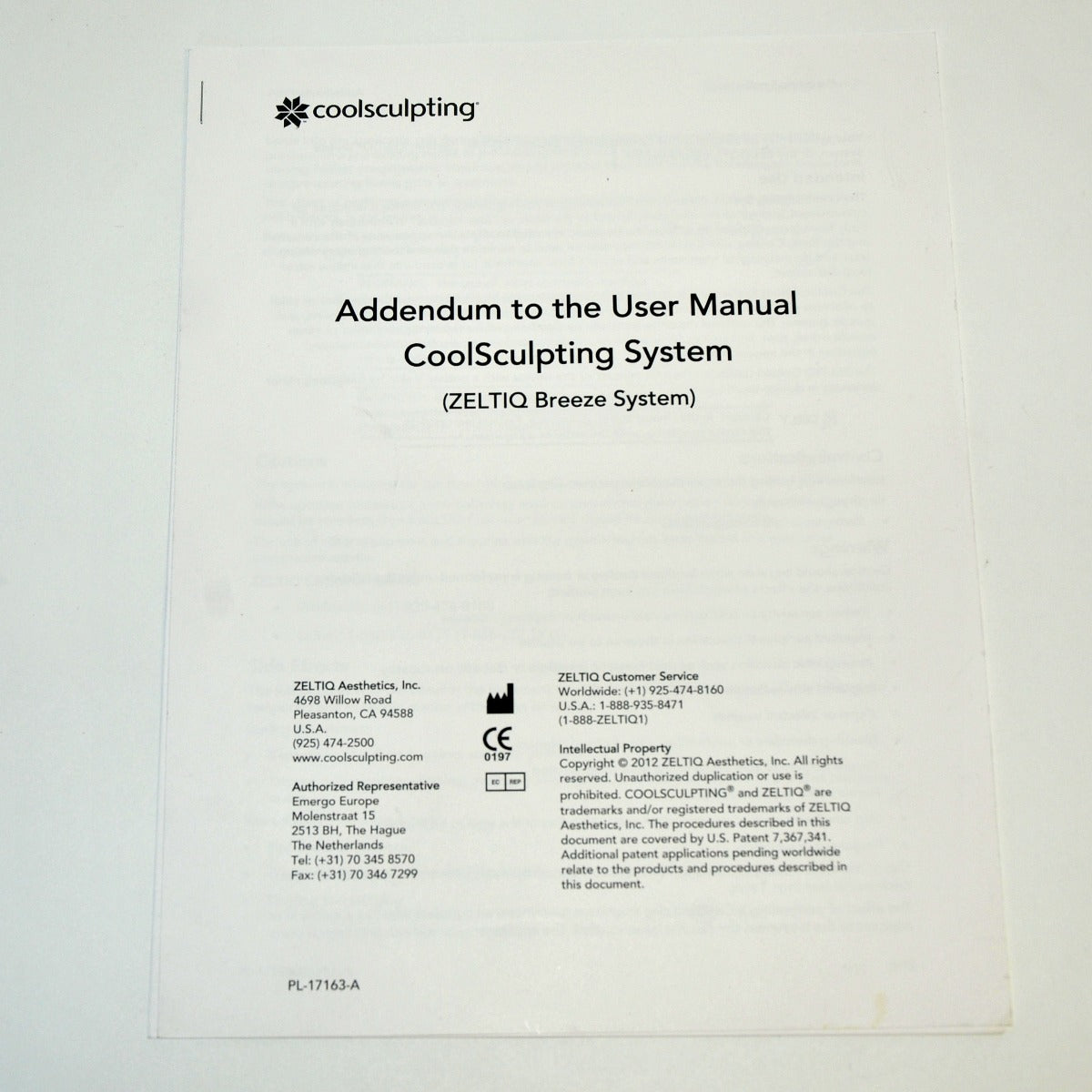 Zeltiq CoolSculpting Addendum User Manual Breeze System PL-17163-A Cool Sculpt