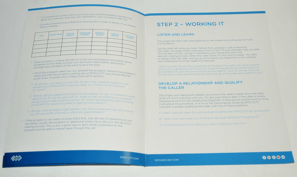 BTL Aesthetics EMSCULPT Phone Consultation User Guide Manual Training Booklet