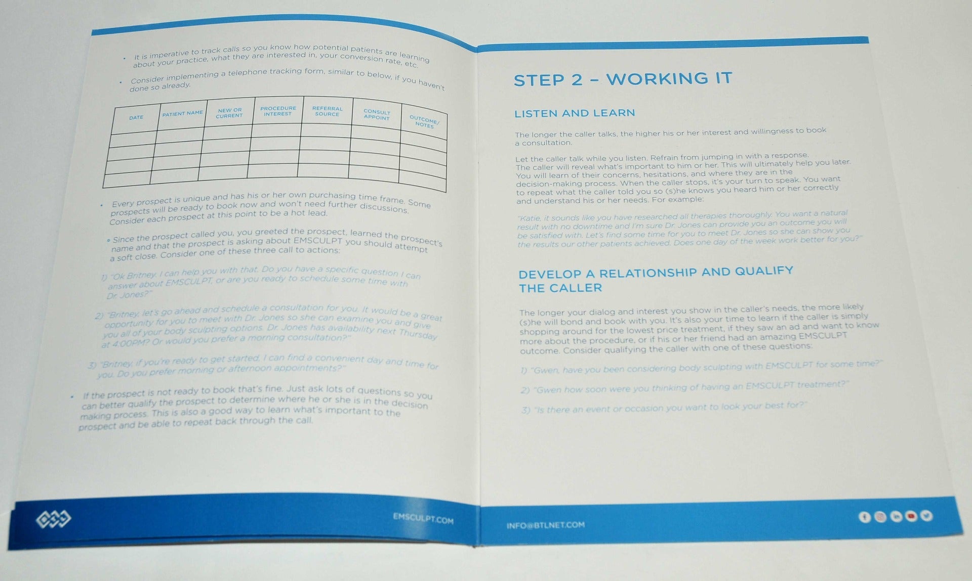 BTL Aesthetics EMSCULPT Phone Consultation User Guide Manual Training Booklet