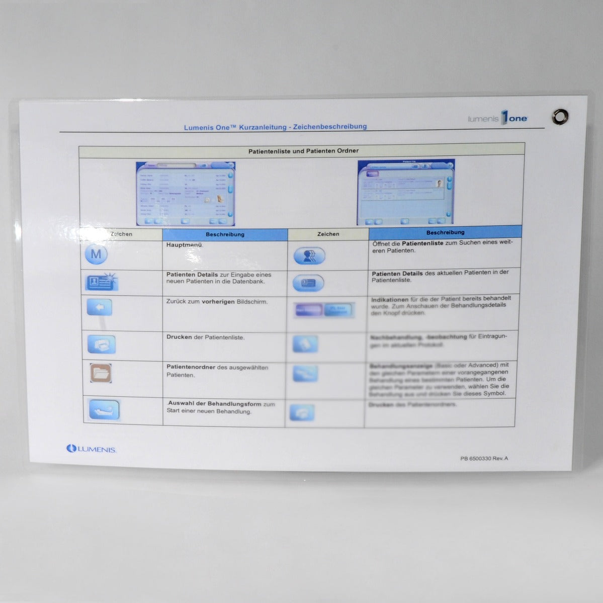 LUMENIS ONE Quick Reference Guide User Symbols (GERMAN) PB6500330 LUME1 Lume 1