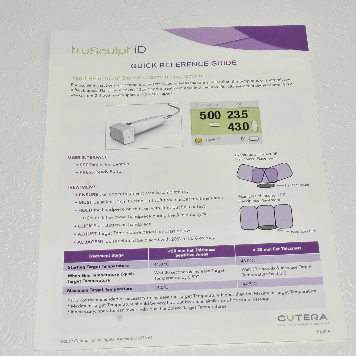 Cutera truSculpt iD Patient Treatment Quick User Handpiece Reference Guide D2236