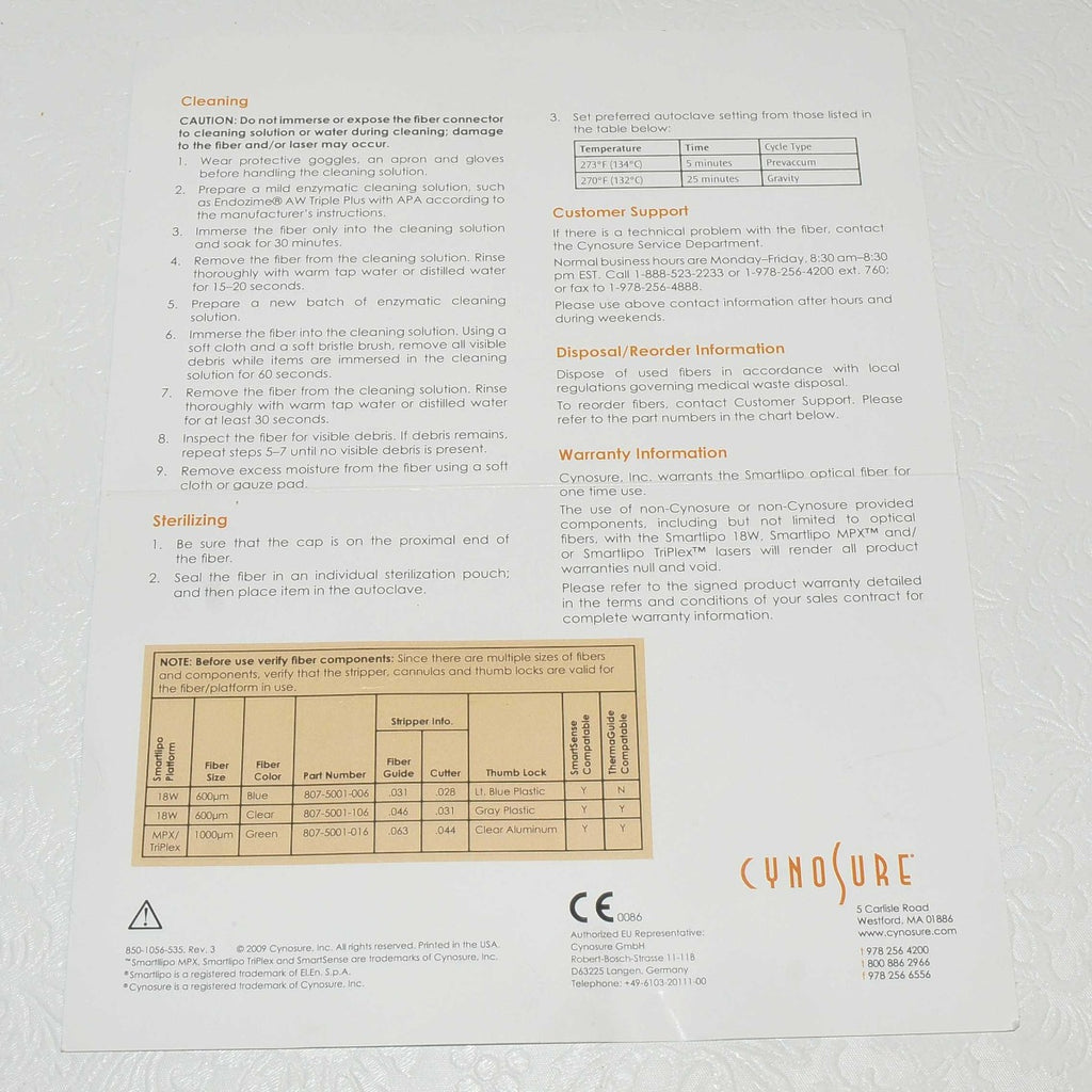 Cynosure SmartLipo TriPlex Laser 600 1000um Optical Fiber Quick Reference Guide