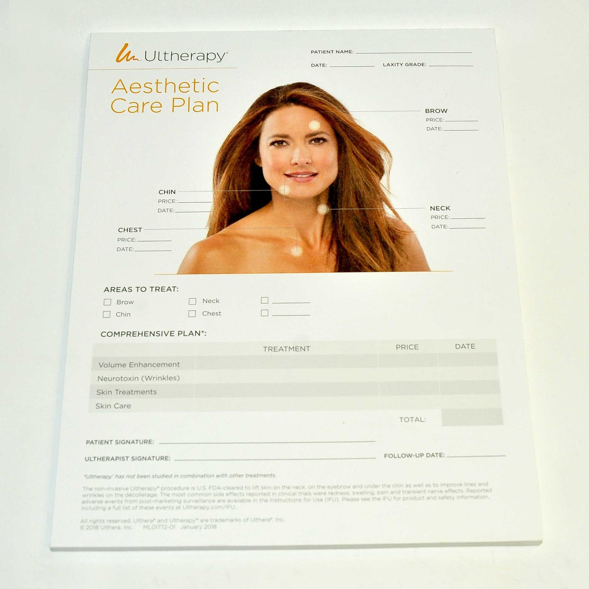 Ulthera Ultherapy AESTHETIC CARE PLAN Patient Treatment Office Tracking Forms
