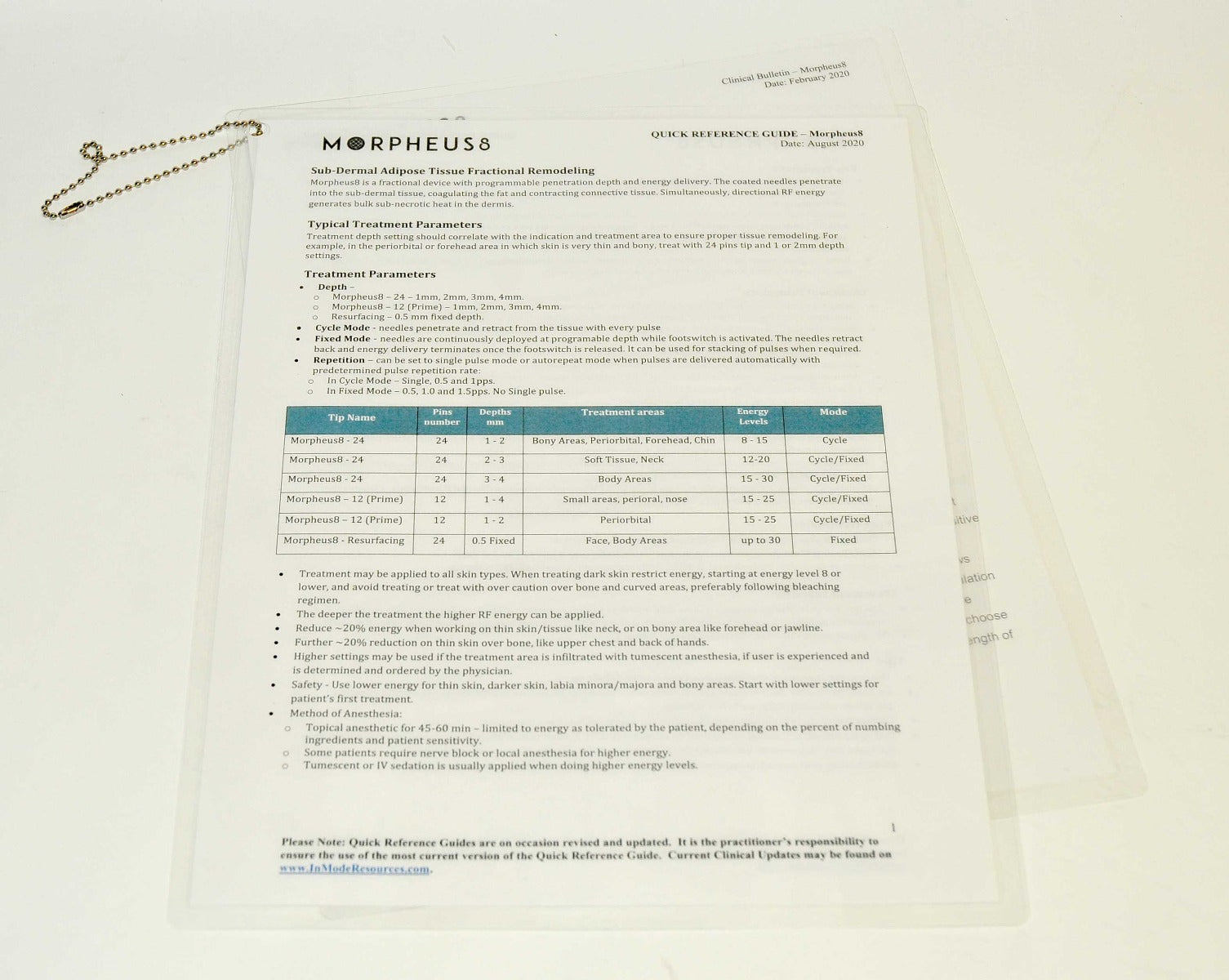 InMode Morpheus8 RF QUICK REFERENCE GUIDE Operator Skin Treatment Parameters