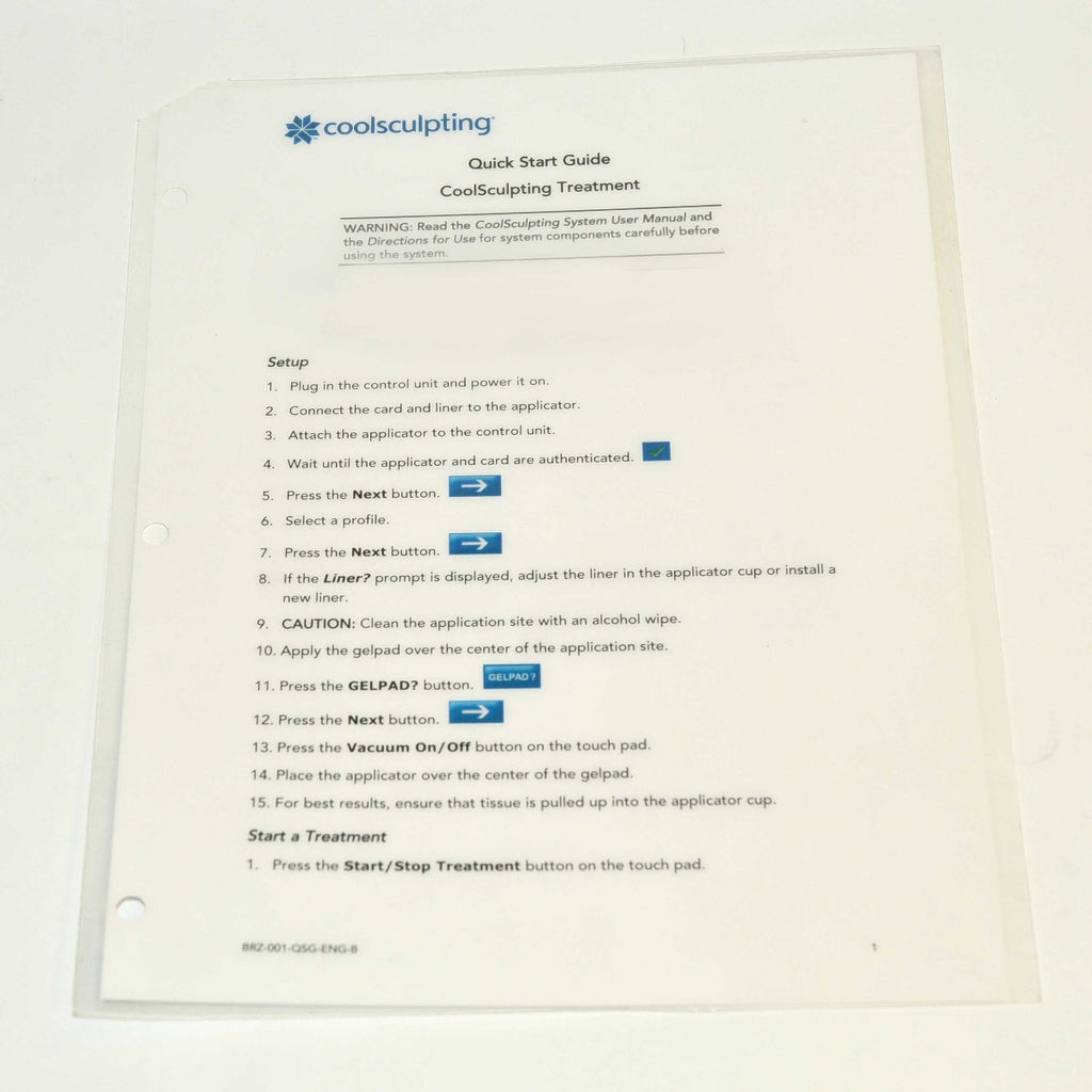 Zeltiq CoolSculpting Quick Start Guide Operator Cool Sculpting BRZ-001-QSG-ENG-B