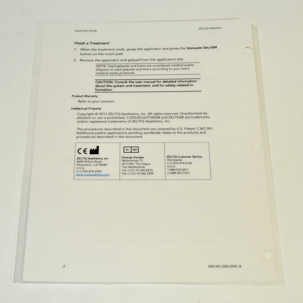 Zeltiq CoolSculpting Quick Start Guide Operator Cool Sculpting BRZ-001-QSG-ENG-B