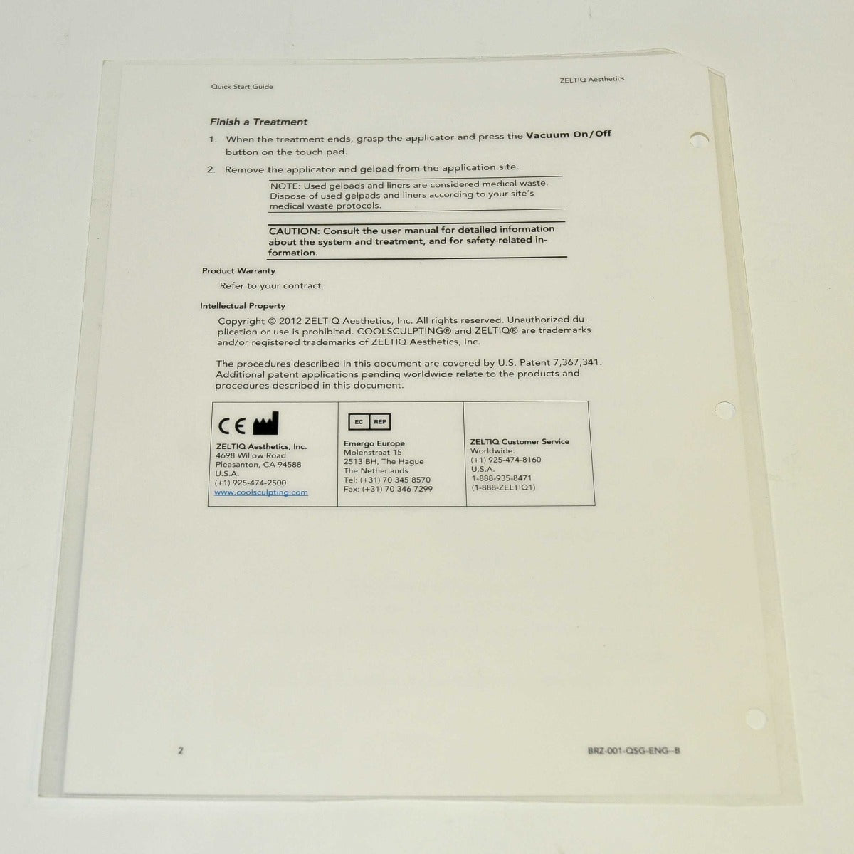 Zeltiq CoolSculpting Quick Start Guide Operator Cool Sculpting BRZ-001-QSG-ENG-B