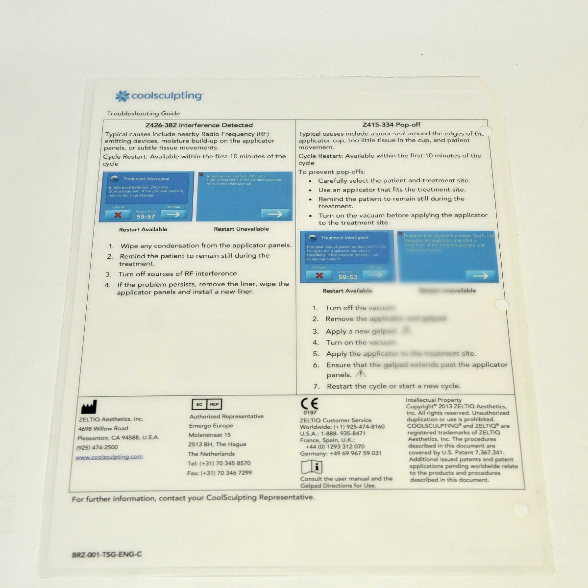 Zeltiq CoolSculpting Troubleshooting Guide Directions Restart Instruction Steps