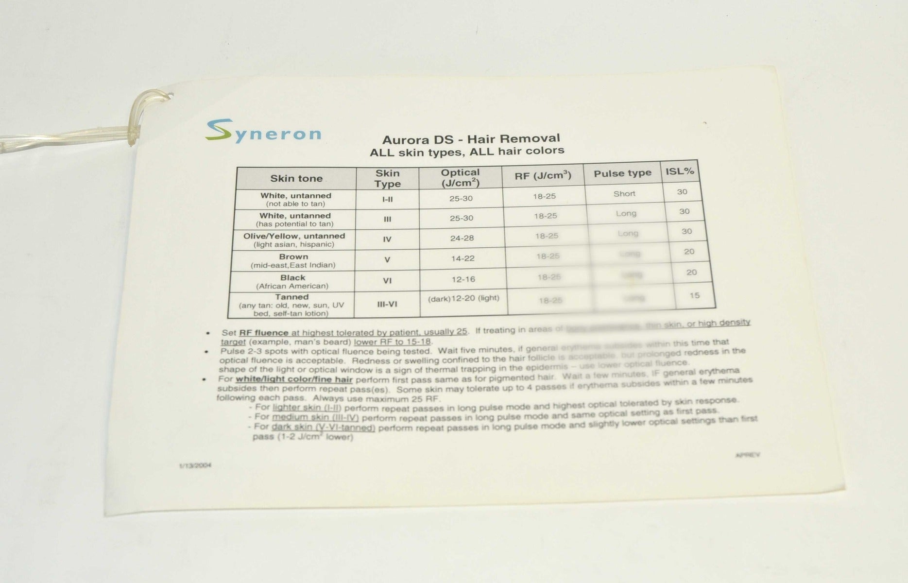 Syneron Aurora DS Hair Removal SR Skin Renewal RF Parameter Settings Reference