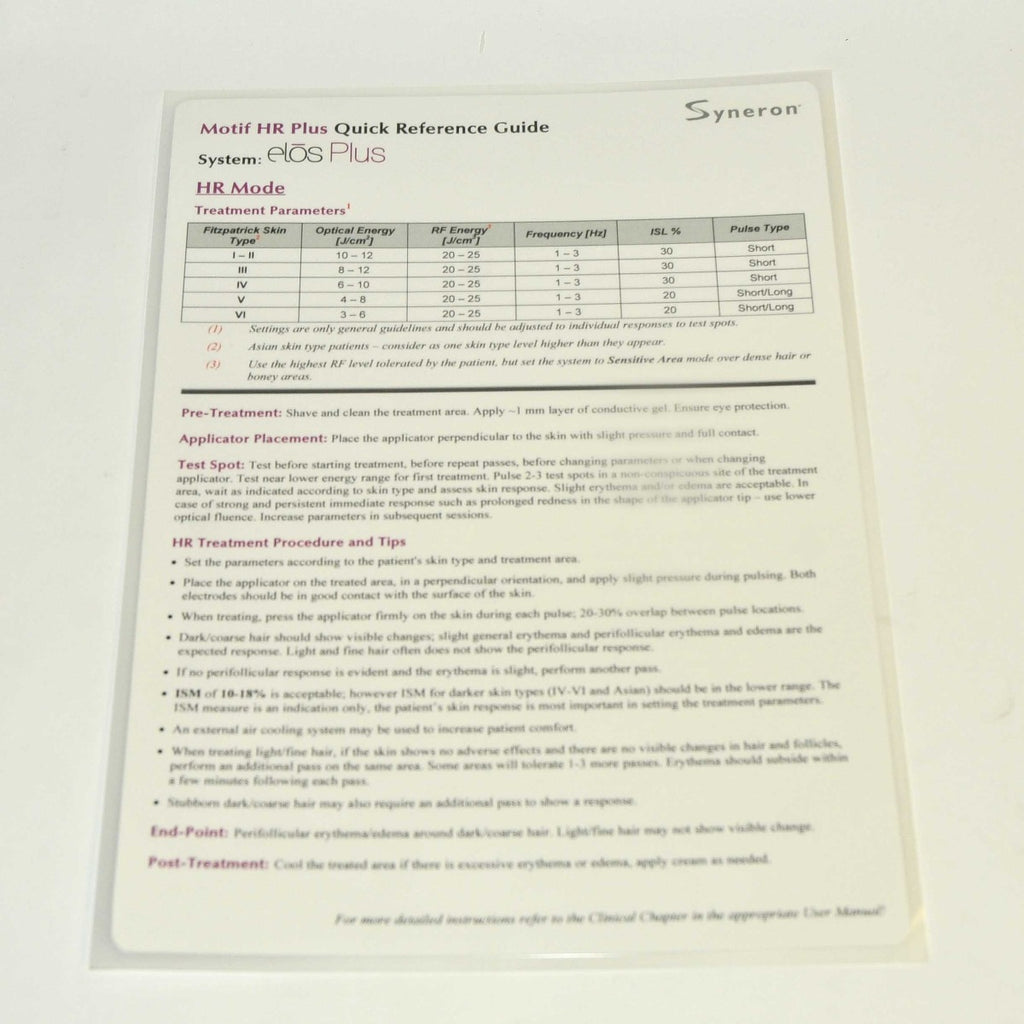 Syneron Elos Motif HR Plus Quick Reference Guide Treatment Parameters User Tips