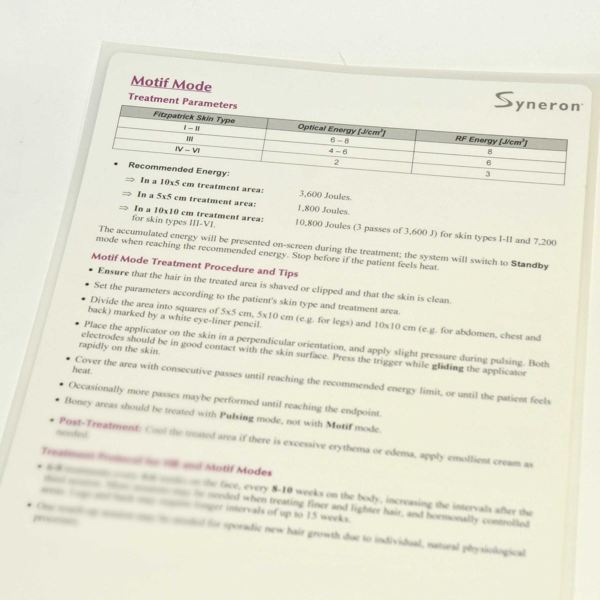 Syneron Elos Motif HR Plus Quick Reference Guide Treatment Parameters User Tips