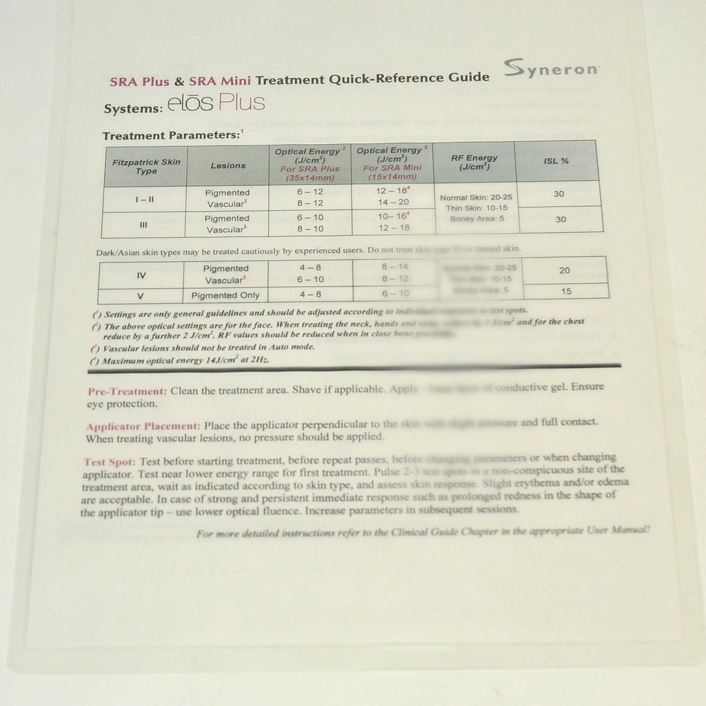 Syneron SRA Elos Plus Mini Treatment Quick Reference Guide Procedure Parameters