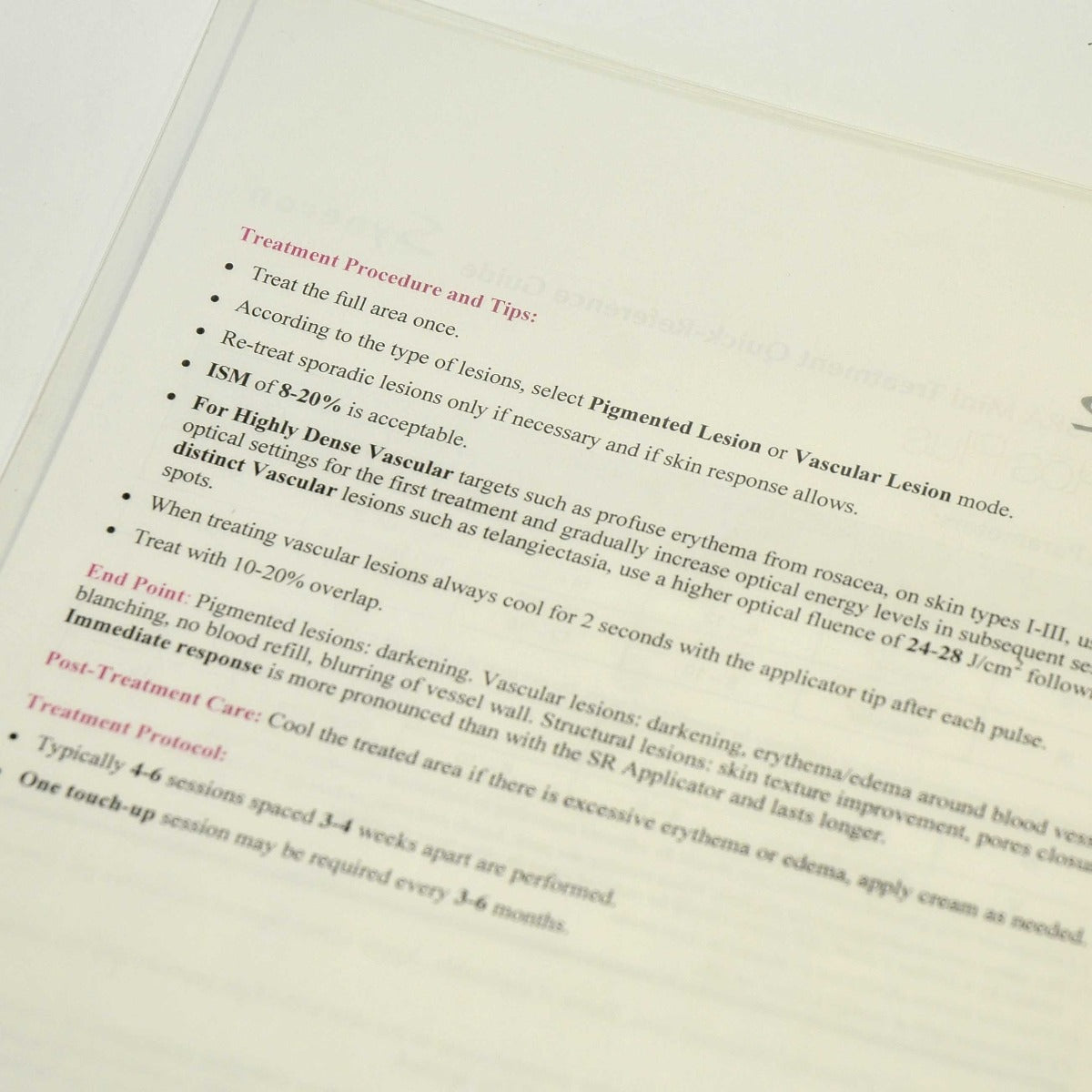 Syneron SRA Elos Plus Mini Treatment Quick Reference Guide Procedure Parameters