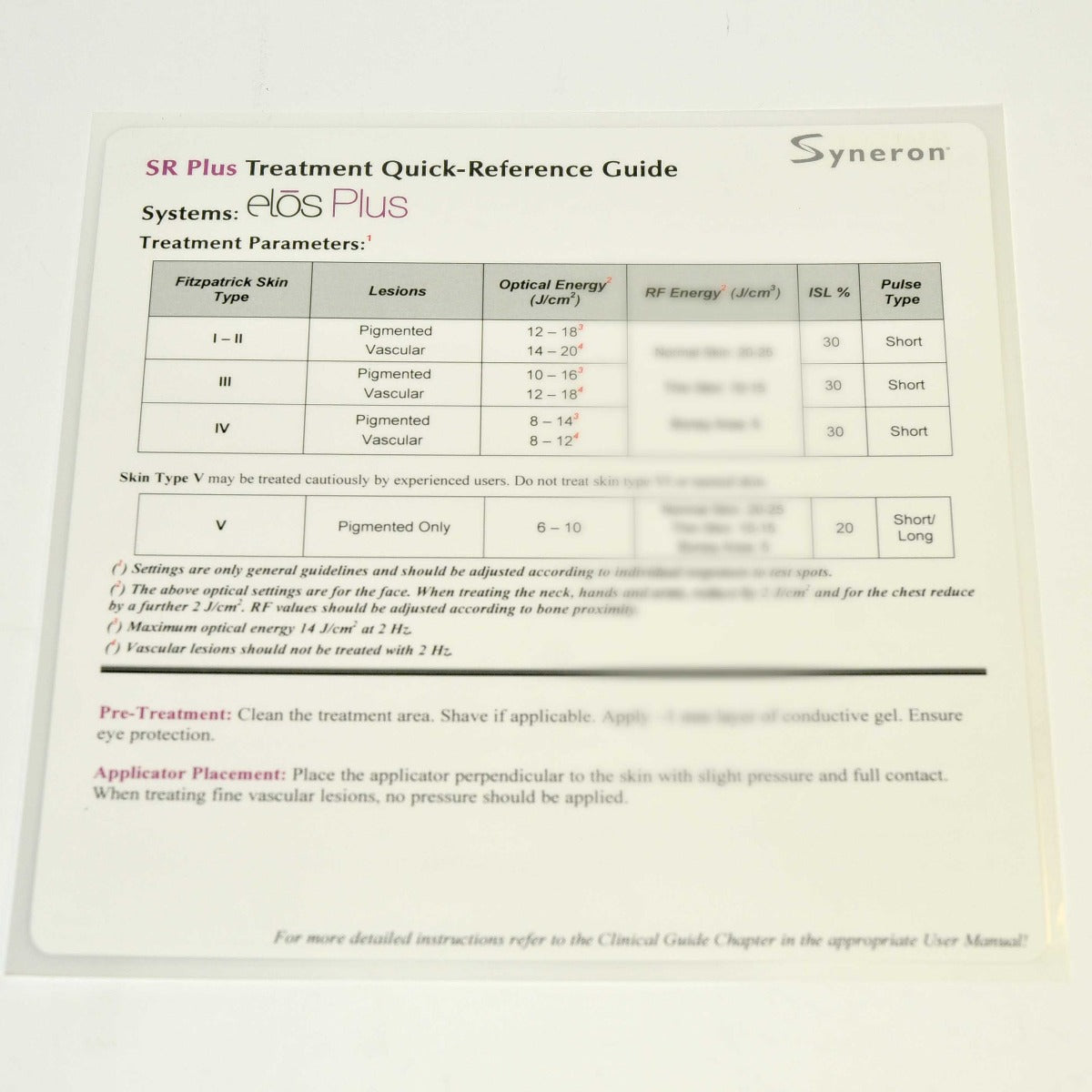 Syneron Candela Elos Plus SR Treatment Quick Reference Guide Parameters Settings