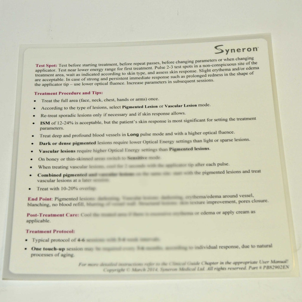 Syneron Candela Elos Plus SR Treatment Quick Reference Guide Parameters Settings