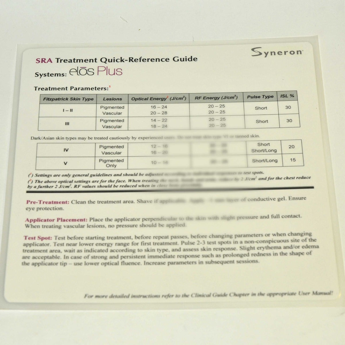 Syneron Candela Elos SRA Plus SRA Mini Treatment Quick Reference Guide Parameter