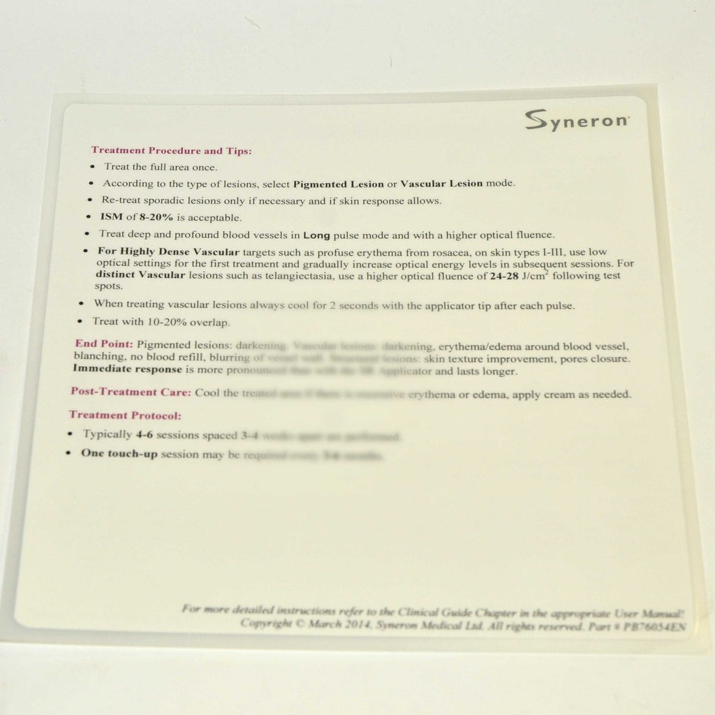Syneron Candela Elos SRA Plus SRA Mini Treatment Quick Reference Guide Parameter