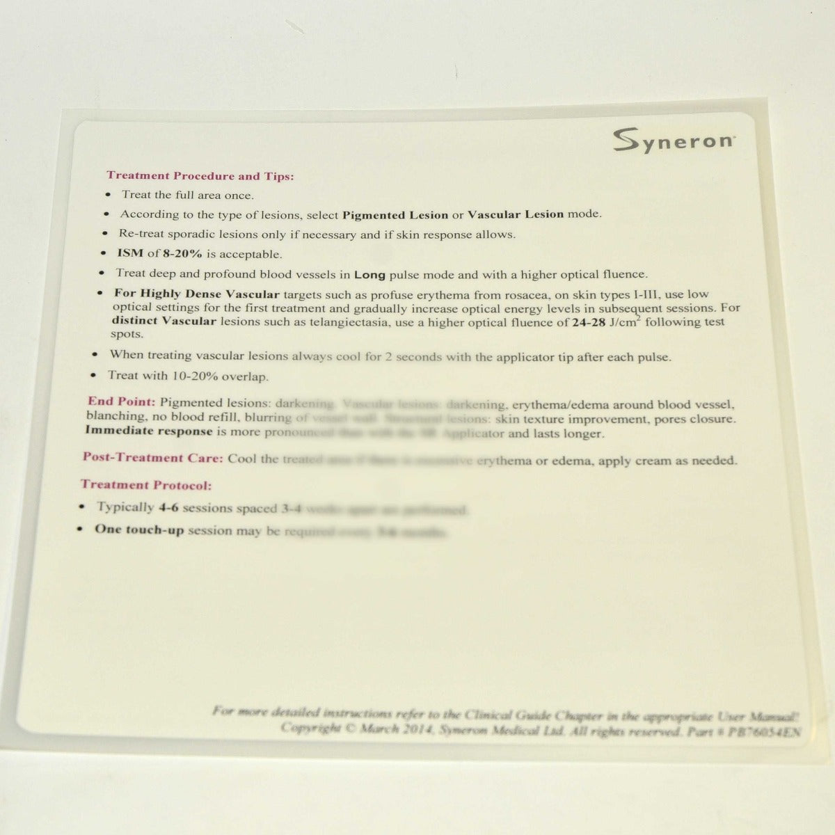 Syneron Candela Elos SRA Plus SRA Mini Treatment Quick Reference Guide Parameter