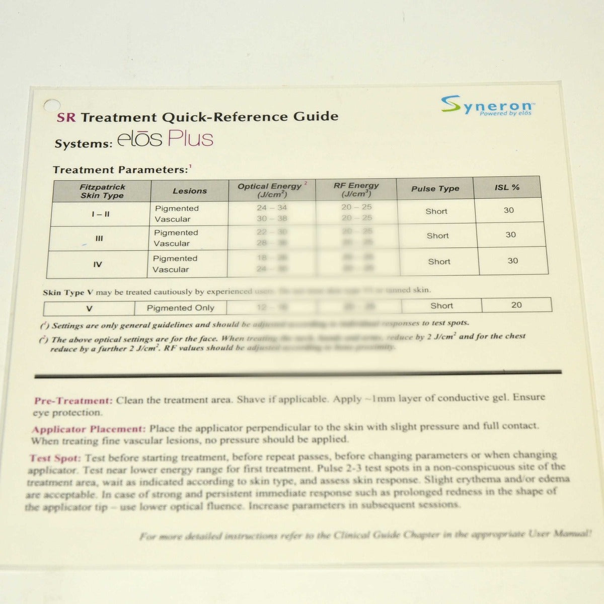 Syneron Candela Elos Plus SR Treatment Quick Reference Guide Parameters 2012